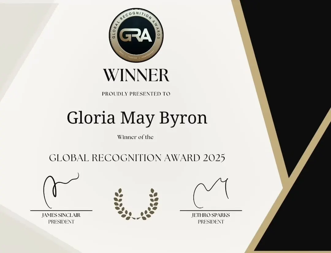 Global Recognition Award 2025 certificate presented to Gloria May Byron