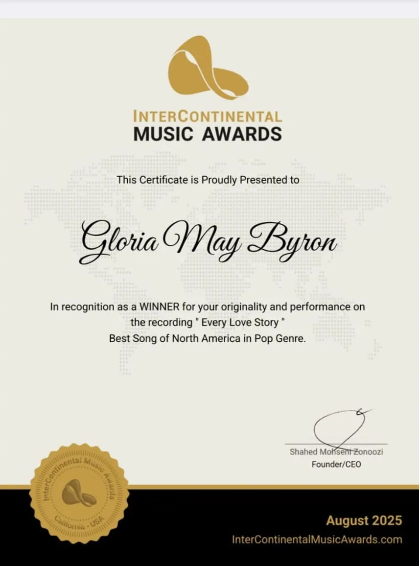 InterContinental Music Awards certificate for the song Every Love Story, Best Song of North America in Pop, August 2025
