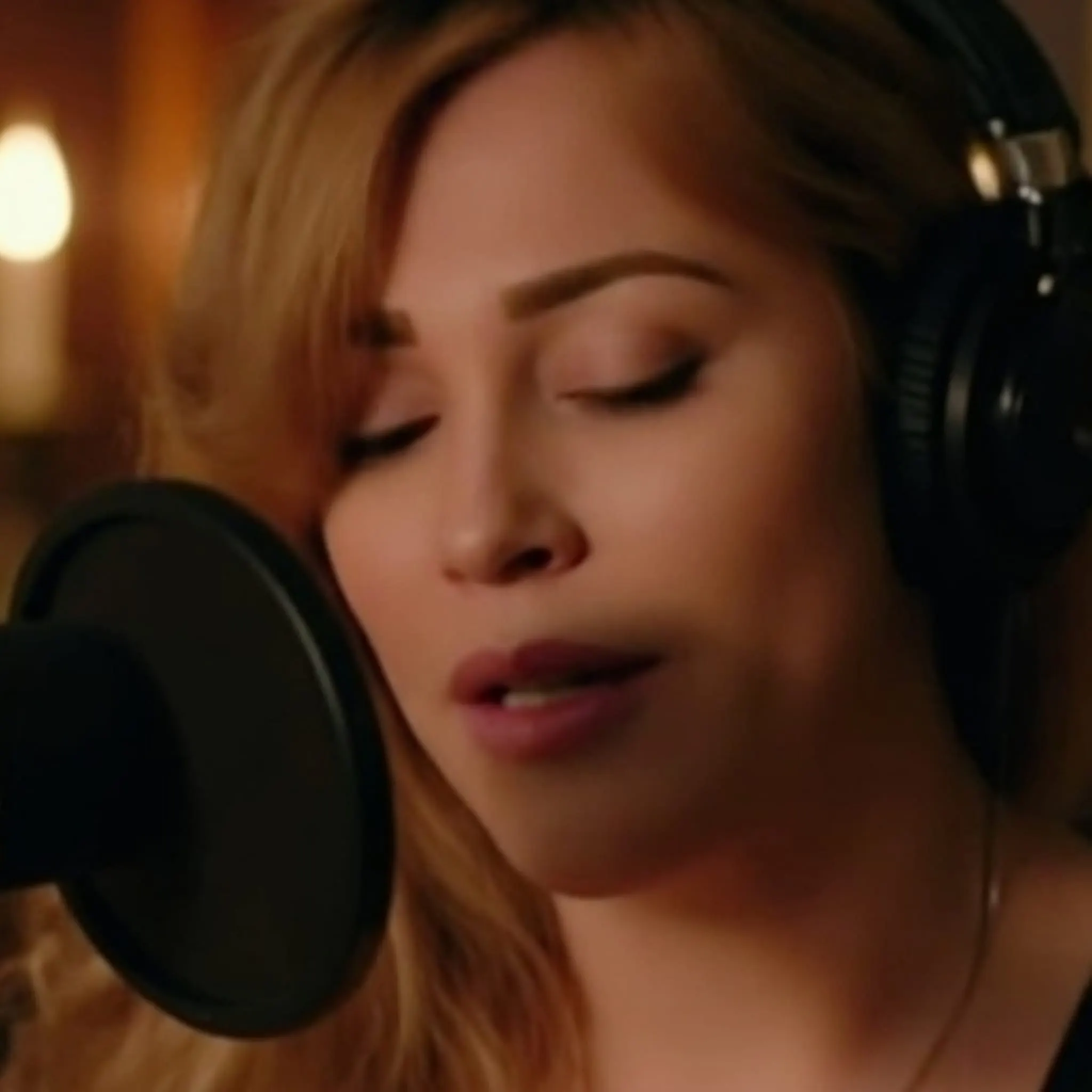Gloria May Byron singing in headphones