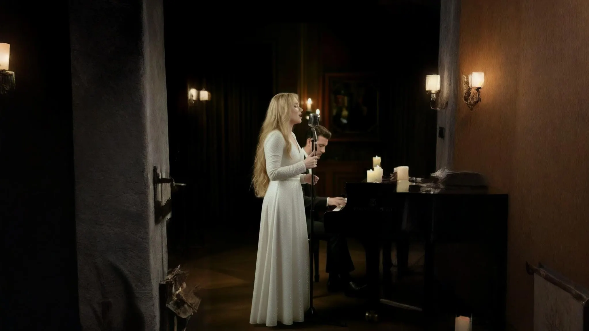 Gloria May Byron in a long pale dress singing by candlelight beside a pianist