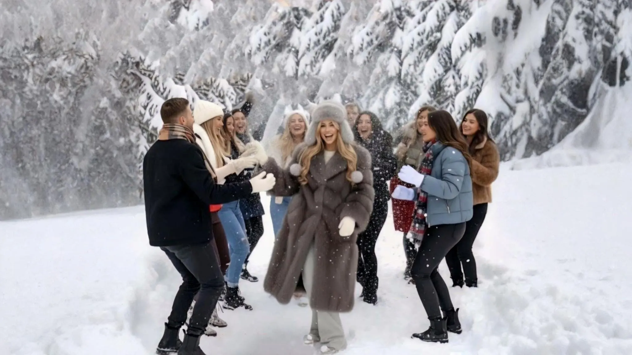 Gloria May Byron in a grey fur coat dancing with friends in falling snow
