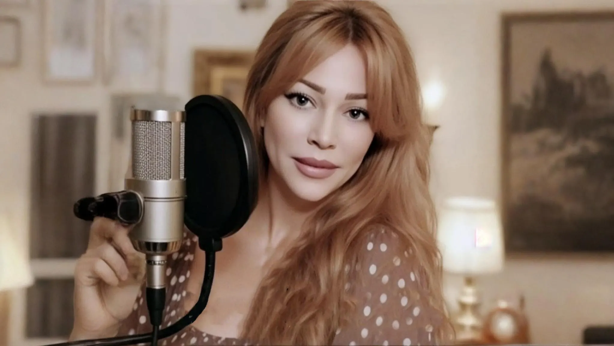 Gloria May Byron singing into a studio microphone in warm light