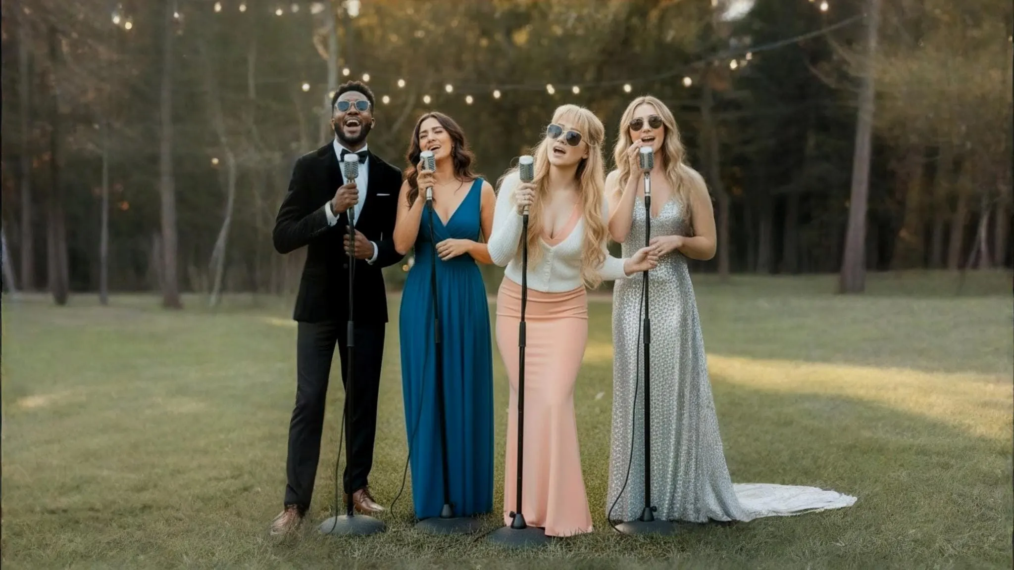 Gloria May Byron singing with three other vocalists on a lawn under string lights
