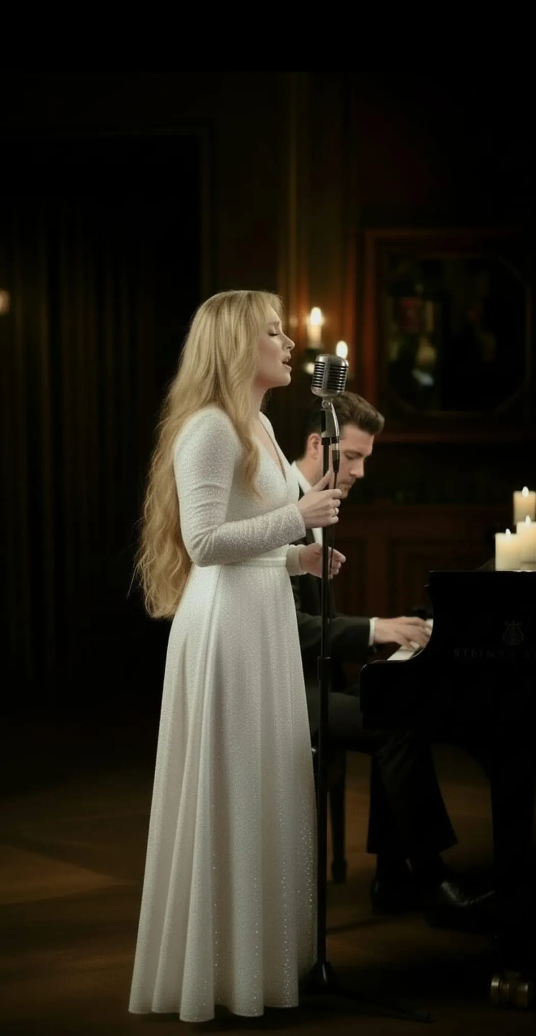 Gloria May Byron in a pale dress holding a candle beside a piano