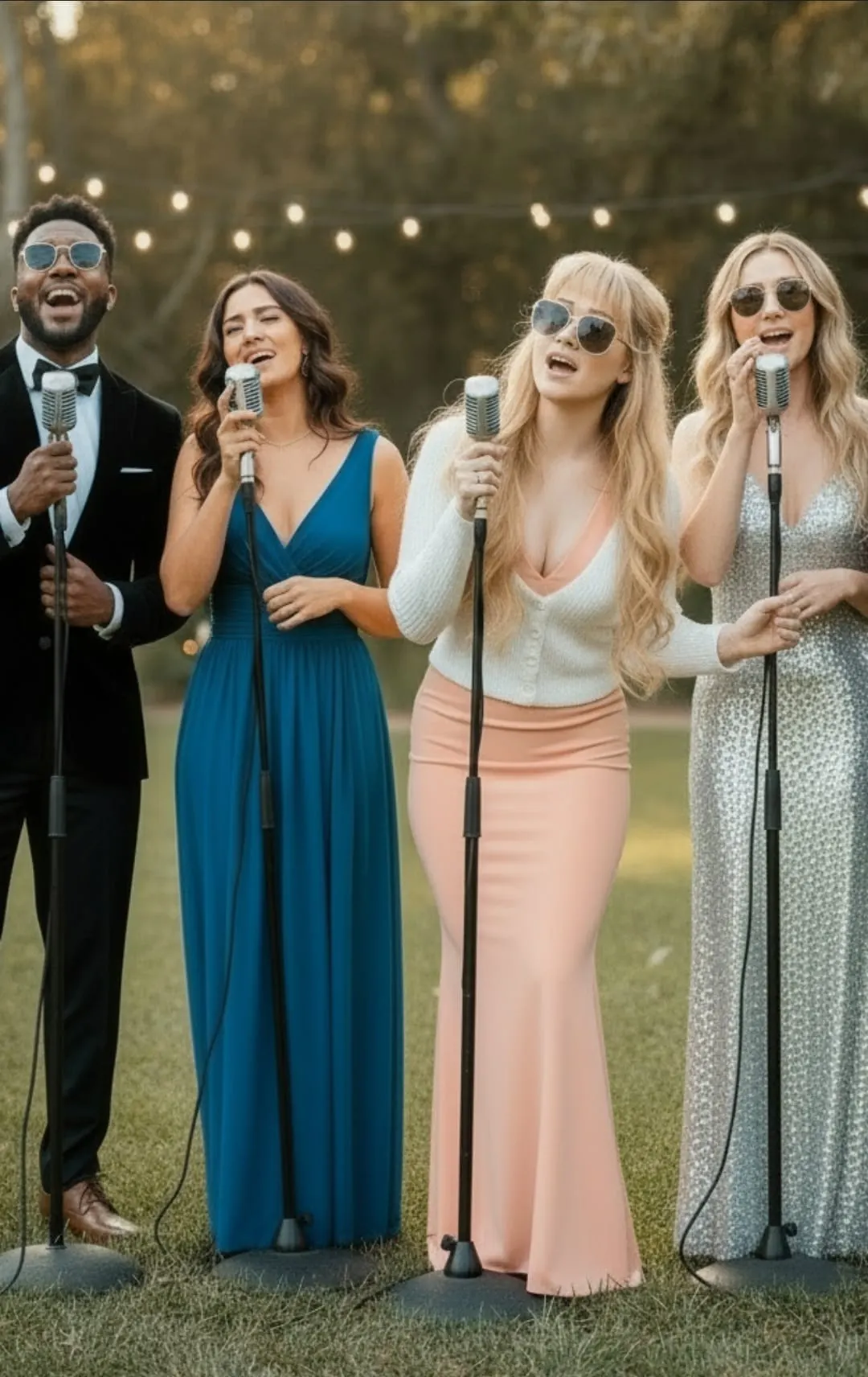 Gloria May Byron singing with two other vocalists and a male singer