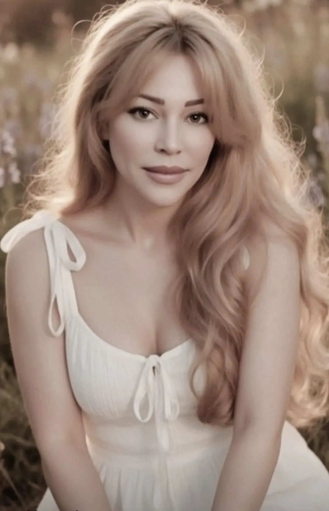 Gloria May Byron in a white sundress in a meadow