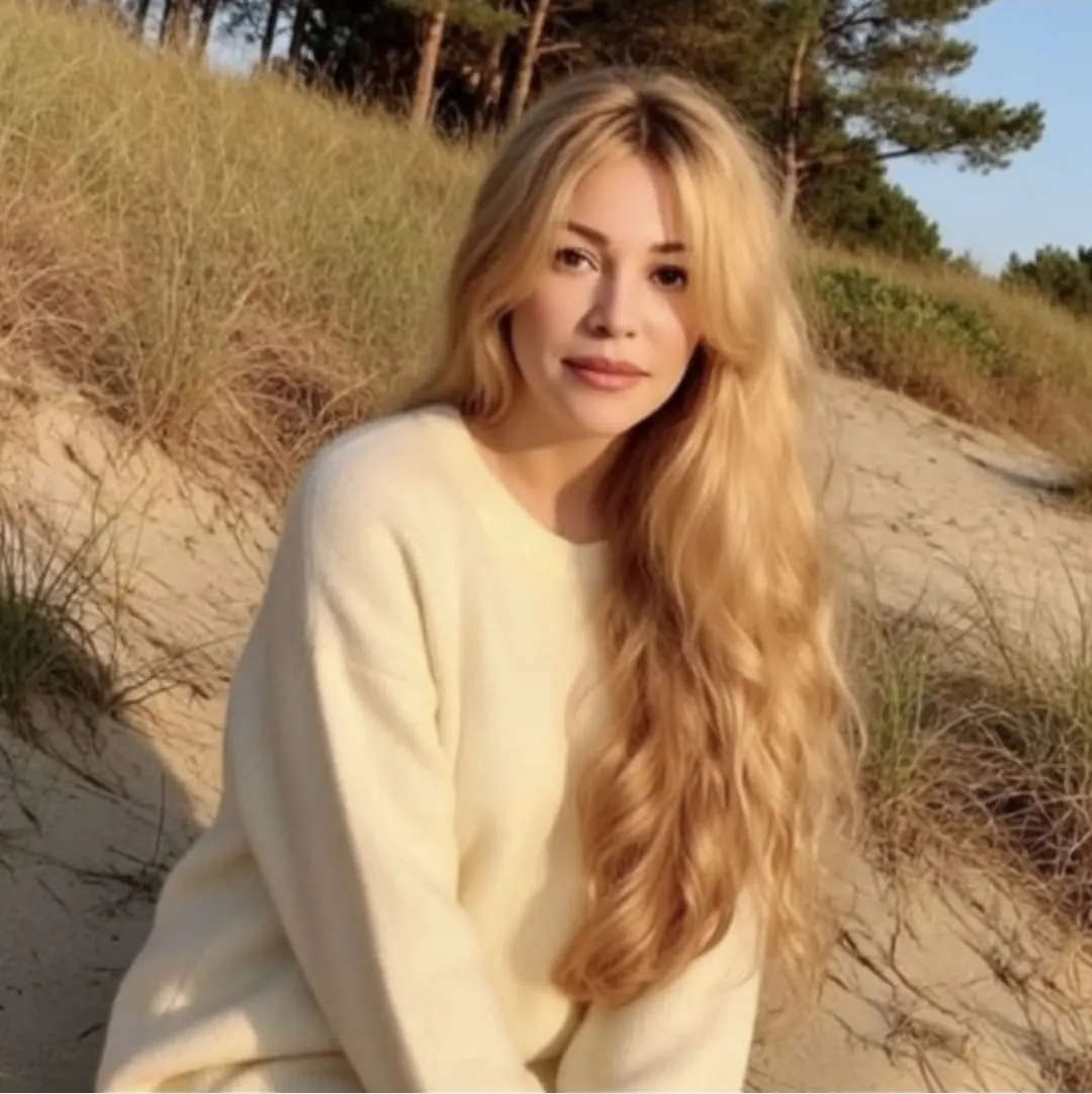 Gloria May Byron in a cream sweater on a sandy dune at golden hour