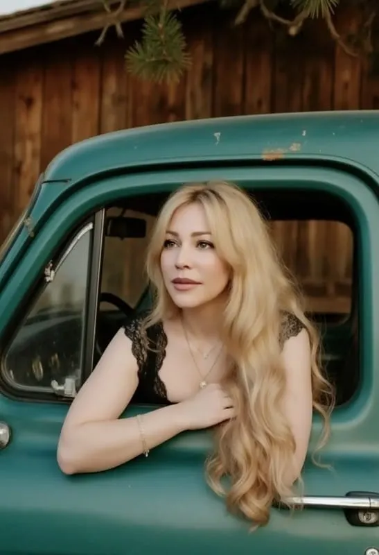 Gloria May Byron leaning out of a teal vintage truck